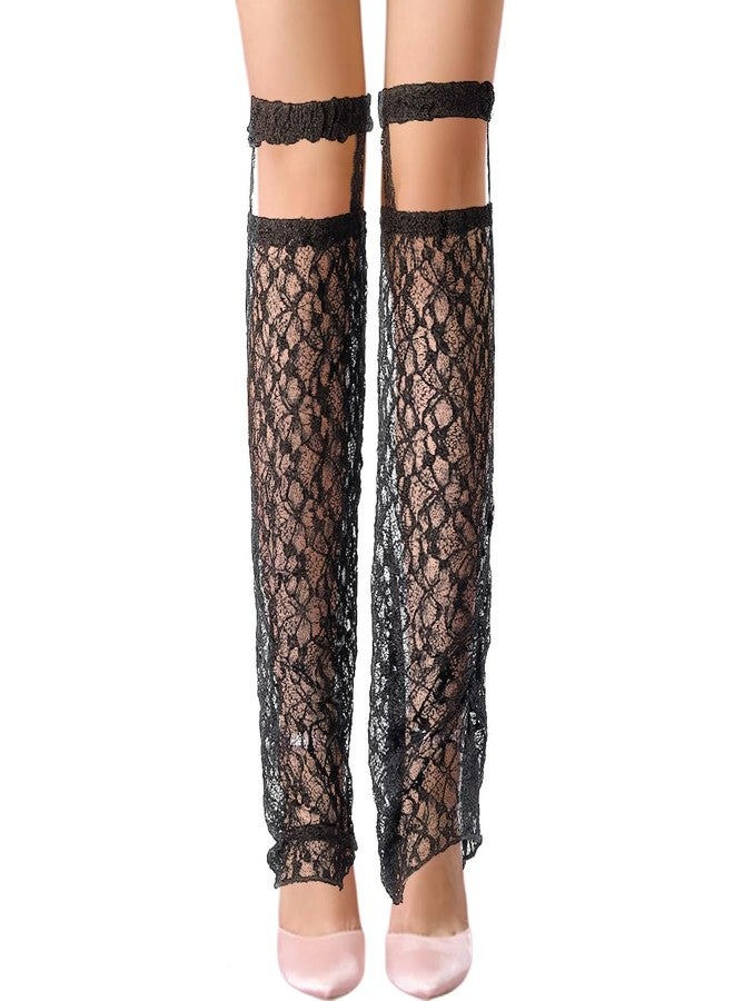 CABODYALS 1 Pair Black Polycotton Long Sheer Thin Baggy Loose Mesh Lace Over The Knee Boots Cover Sleeves Footless Socks Leg Warmer with Garter Calf Warmers for Summer Women s Lolita Jk Shoses - Image 1